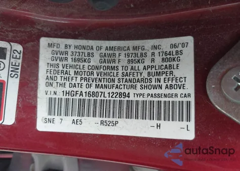 2007 Honda Civic Ex z USA, uszkodzony, nr VIN 1HGFA16807L122894